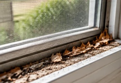 Window screen and track filled with dirt and dead leaves